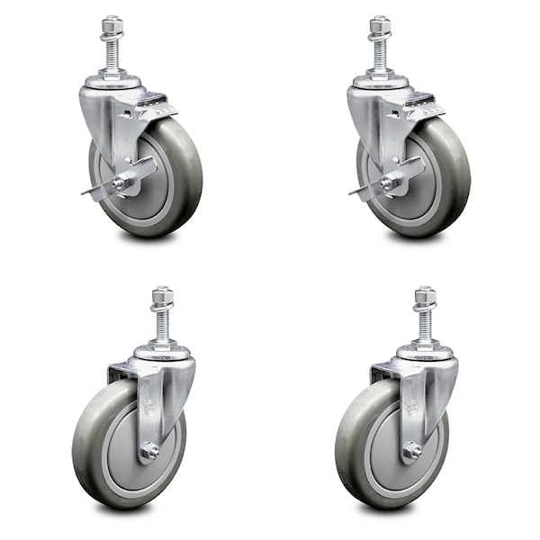 Service Caster 5 Inch Gray Polyurethane Wheel Swivel 3/8 Inch Threaded Stem Caster Brakes, 2PK SCC-TS20S514-PPUB-TLB-381615-2-S-2 - main